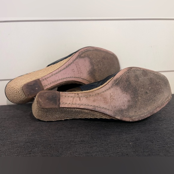 Prada Navy Blue Patent Leather Peep Toe Wedges Slingback Sandals Size 37 6.5 US - Picture 6 of 6